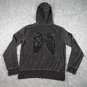 Victoria Secret Jacket Womens Large Black Velour Bling Wings Y2K Full Zip Hoodie